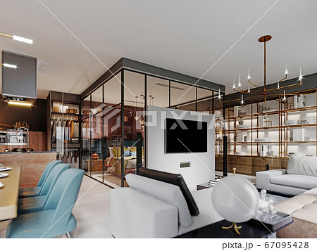 Modern bedroom behind glass in a studio room. Modern bedroom behind glass in a studio room. 67095428