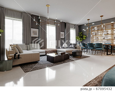 large living room with a large white corner sofa 67095432