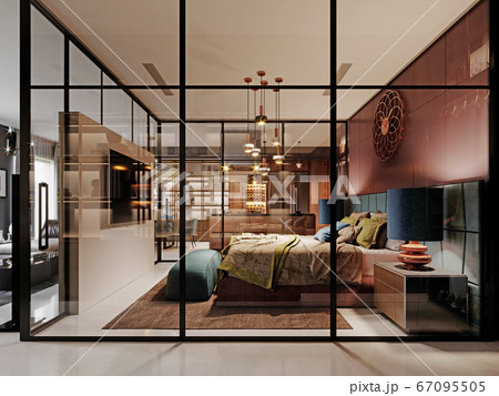 Modern bedroom behind glass in a studio room. Modern bedroom behind glass in a studio room. 67095505