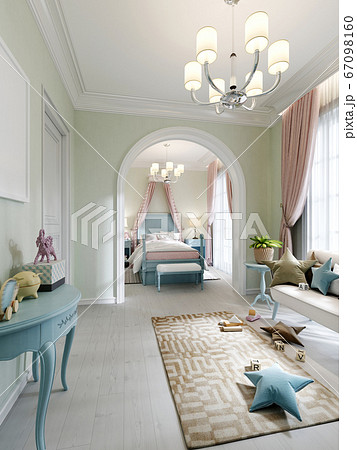 Childrens room with a bedroom and a play area, a 67098160