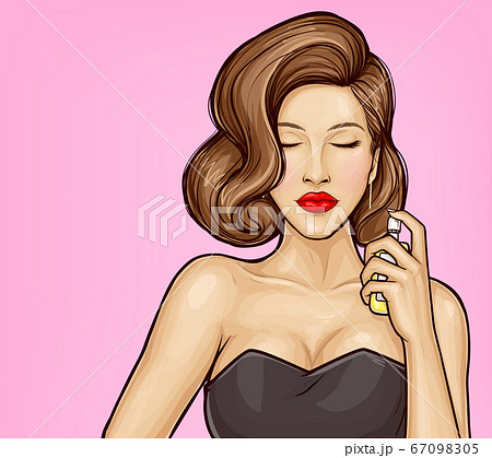 Pop art beautiful woman with perfume bottle Pop art beautiful woman with perfume bottle 67098305