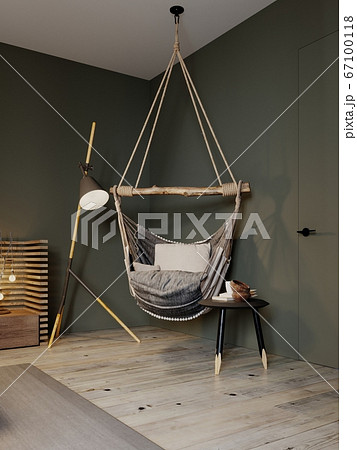 Boho style hanging chair in a modern bedroom. 67100118