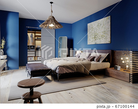 Fashionable modern loft style bedroom with blue 67100144
