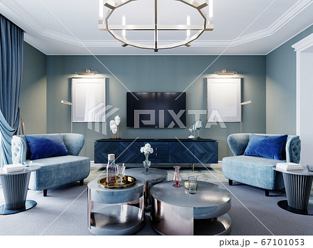 Luxurious fashionable living room in blue and Luxurious fashionable living room in blue and 67101053