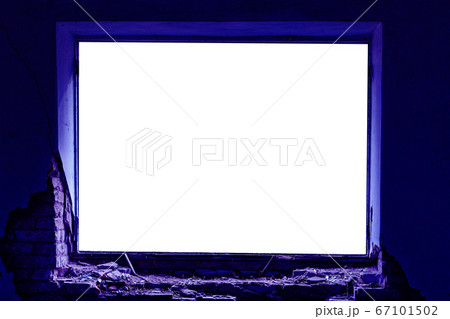 Rectangular frame, window opening in an old brick house. Blue backlight from the screen. Layout with 67101502