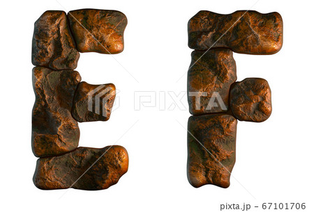 Set of rocky letters E, F. Font of stone on white background. 3d Set of rocky letters E, F. Font of stone on white background. 3d 67101706