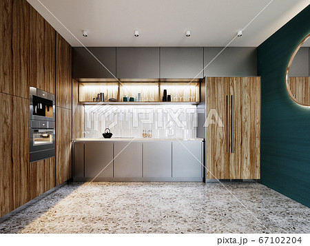 Contemporary kitchen, brushed metal gray and wood 67102204