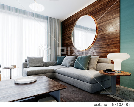 Corner gray sofa against a wooden wall with 67102205