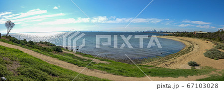 Panorama view of brighton beach in Melbourne Australia in the morning in the summer in March 2020. 67103028