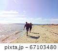Love couple walking together on the sand under sunlight 67103480