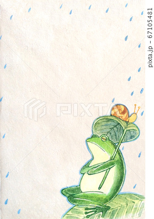 雨の日に葉っぱの傘をさして考えるカエルのイラストのイラスト素材