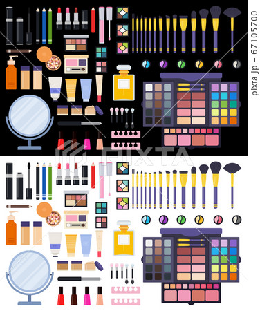 Makeup brush and cosmetics and fashion background with make up artist objects, lipstick, cream, brush. vector flat icons. Isolated on white and black 67105700