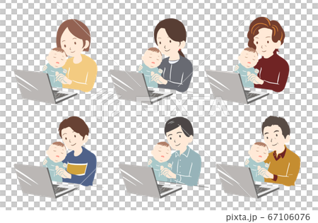 寝ている子供を抱えながらテレワーク 線無し のイラスト素材