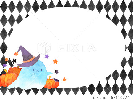 A ghost spirit with witch hat among pumpkins and stars. Happy Halloween background. Funny Cute cartoon baby character. Watercolor hand painting illustration. A ghost spirit with witch hat among pumpkins and stars. Happy Halloween background. Funny Cute cartoon baby character. Watercolor hand painting illustration. 67110224