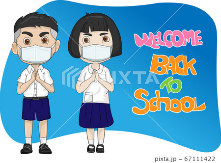 Male students, female students to respect and with a message that says Welcome back to school Male students, female students to respect and with a message that says Welcome back to school 67111422