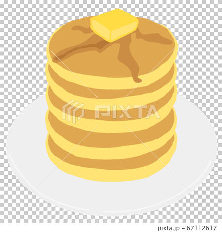 Five-tiered pancakes with butter and syrup 67112617