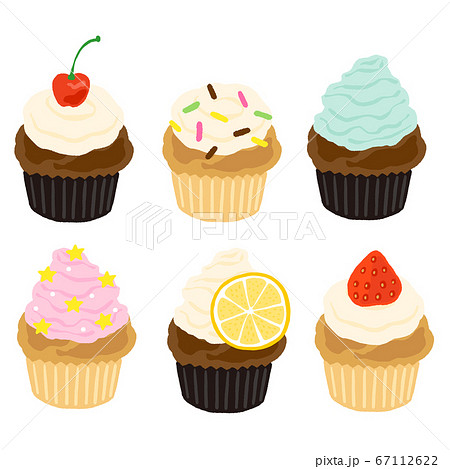 Set Of Cute Cupcakes With Cream And Fruits Stock Illustration