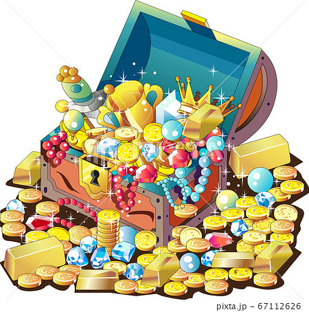 金貨や宝石がいっぱい詰まった宝箱のイラスト素材