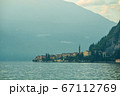 Amazing mountain landscape of Como lake and village of Varenna at early morning, Province of Lecco, Italy. 67112769