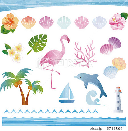 夏 海 南国 トロピカル 水彩 イラスト素材セットのイラスト素材