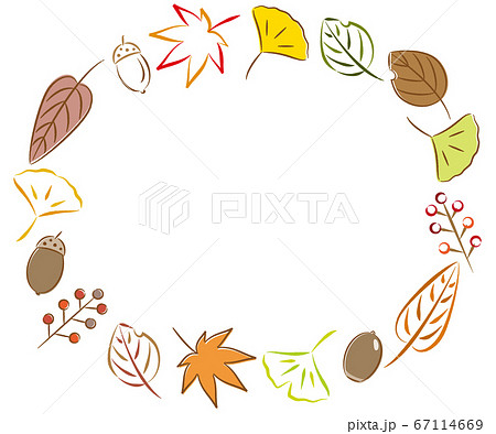 紅葉やイチョウなど秋の横フレーム リース 手書き風のイラスト素材
