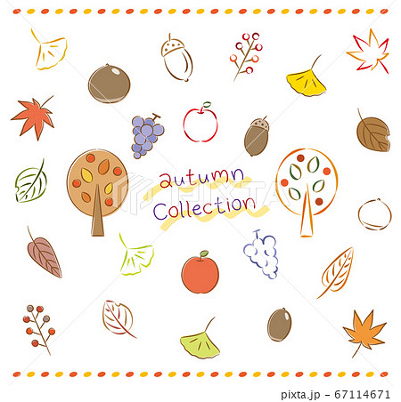 紅葉やイチョウなど秋の手書き風アイコンセットのイラスト素材