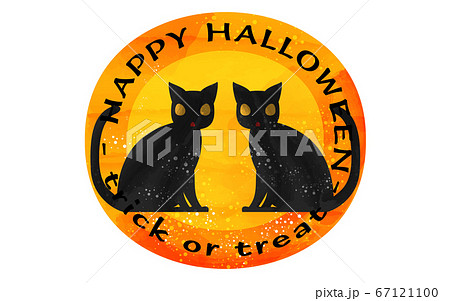 ハロウィンのオレンジのアイコン 鏡合わせの2匹の黒猫のイラストのイラスト素材