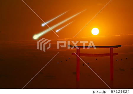 torii sunset metero and birds flying on sea torii sunset metero and birds flying on sea 67121824