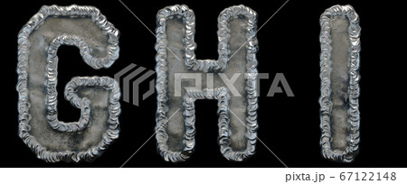 Set of capital letters G, H, I made of industrial metal isolated on black background. 3d Set of capital letters G, H, I made of industrial metal isolated on black background. 3d 67122148