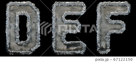 Set of capital letters D, E, F made of industrial metal isolated on black background. 3d Set of capital letters D, E, F made of industrial metal isolated on black background. 3d 67122150