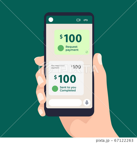 Chat money payment. Pay via mobile app. Sending and receiving money. Sending a message for payment. 67122263