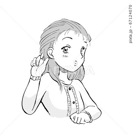 髪の毛を触る漫画タッチの女の子のイラスト素材