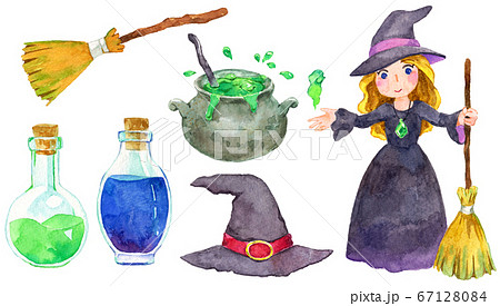 水彩 魔女と魔法のアイテム ハロウィン素材のイラスト素材