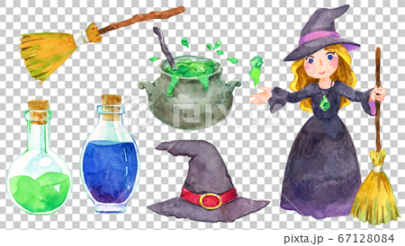 水彩 魔女と魔法のアイテム ハロウィン素材のイラスト素材