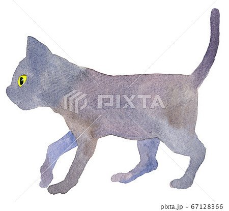 水彩 歩く黒猫のイラスト素材