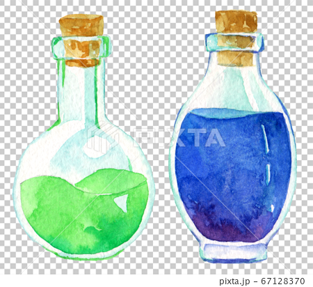 水彩 緑と青の薬瓶のイラスト素材