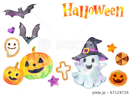 水彩_ハロウィンはがき横テンプレート_モチーフいろいろ 水彩_ハロウィンはがき横テンプレート_モチーフいろいろ 67128726