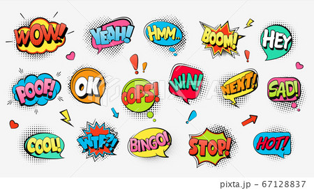 Comic book text speech bubbles. Funny explosive cloud banners with shouts warnings stylish comic design. Comic book text speech bubbles. Funny explosive cloud banners with shouts warnings stylish comic design. 67128837