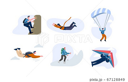 Extreme sport set. Character is engaged in active climbing, puffing with rope descends by parachute. Extreme sport set. Character is engaged in active climbing, puffing with rope descends by parachute. 67128849