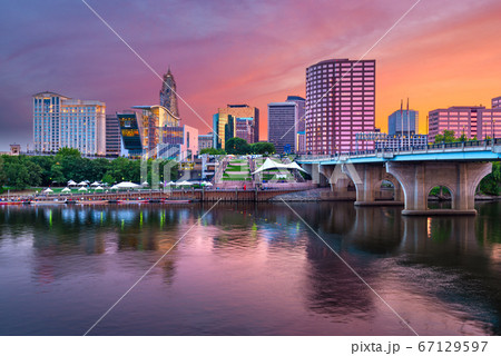 Hartford, Connecticut, USA Downtown and River at Dusk 67129597