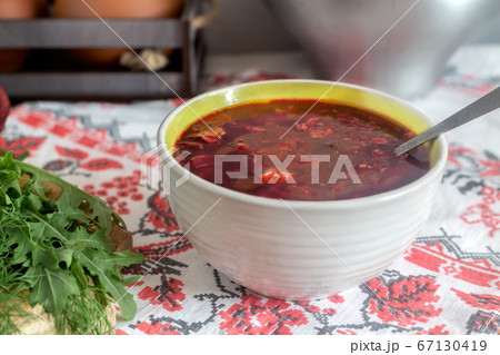 Ukrainian borscht, cooked in aluminum cast iron. 67130419