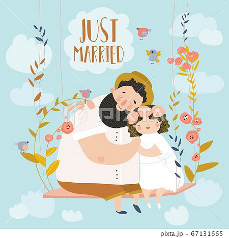 Happy couple sits on swing in flowers. Just married Happy couple sits on swing in flowers. Just married 67131665