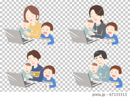 Telework (no line) while tired of being crying by two children 67133313