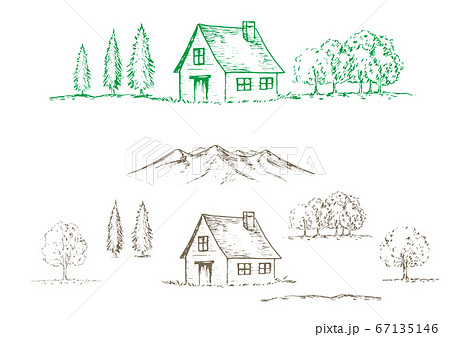 山と木と山小屋の手描きペン画セットのイラスト素材