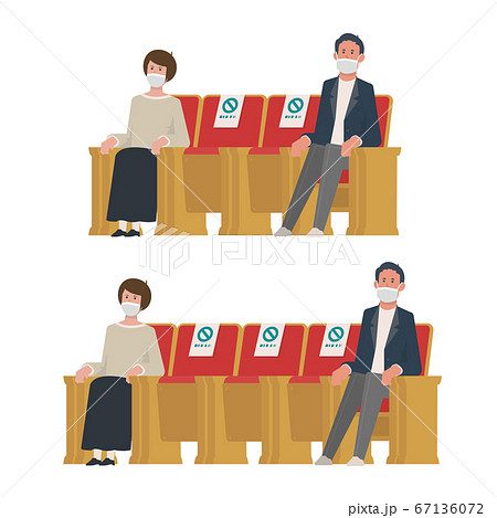 間隔を空けて着席する男性女性 屋内 座席 観客席 観覧席 鑑賞 観覧 イラストのイラスト素材