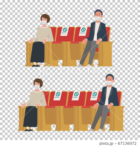 間隔を空けて着席する男性女性 屋内 座席 観客席 観覧席 鑑賞 観覧 イラストのイラスト素材
