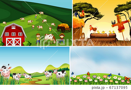 Set of different farm scenes with animal farm 67137095