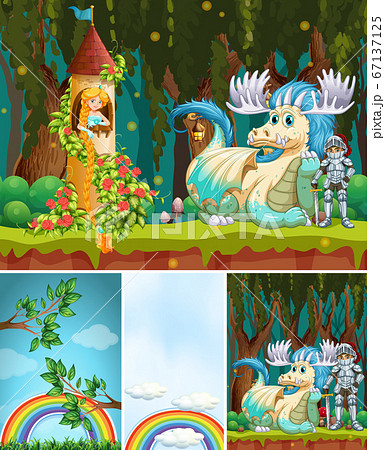 Four different scene of fantasy world with dragon 67137125