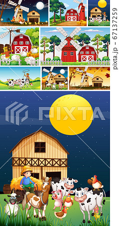 Set of different farm scenes with animal farm 67137259