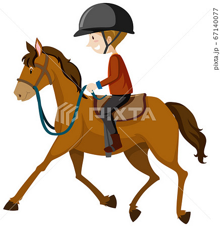 Young man wearing helmet or rider riding a horse 67140077